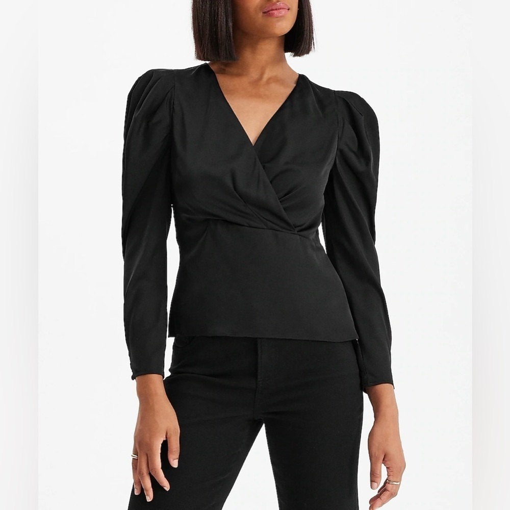 Express Women's Satin Top Size XS Black Long Puff Sleeves Wrap Front NWT $64